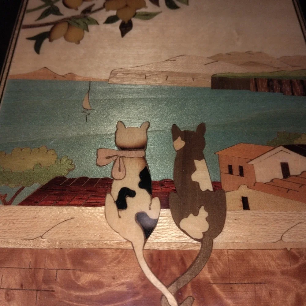 A Gargiulo Italian Wood Marquetry Plaque Sotto I Limoni Cats Mediterranean Art